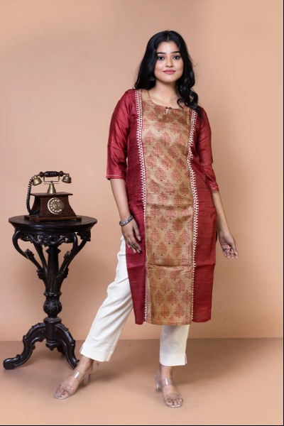 red-and-beige-tussar-silk-kurti-ts-kr-0021