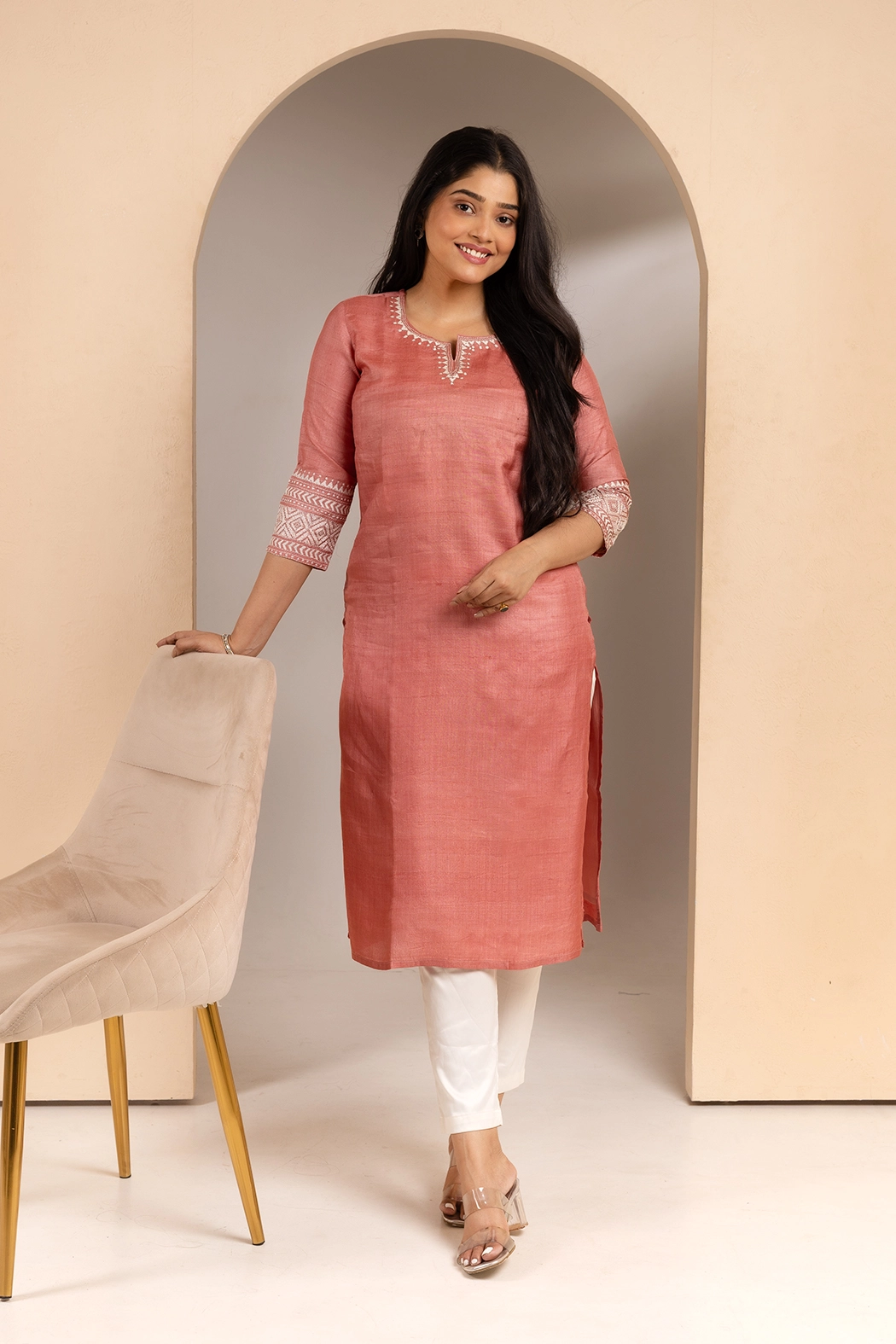 peach-tussar-silk-kantha-kurta-kr-ts-0086
