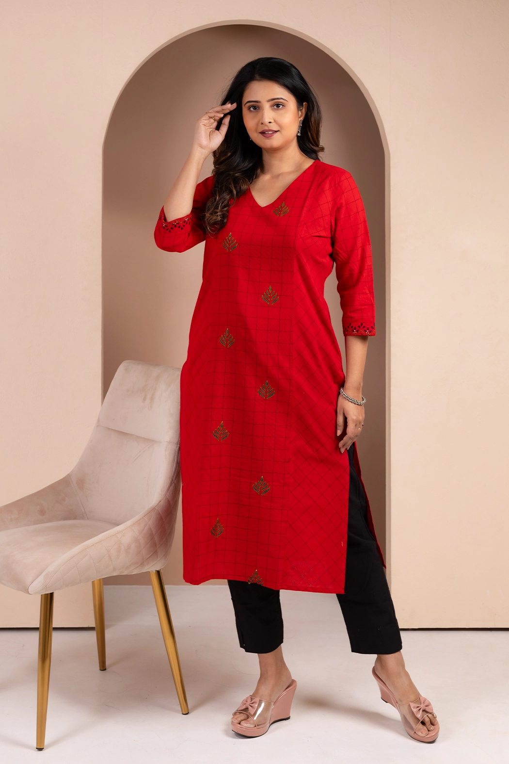 red-cotton-kurta-kr-sl-0042