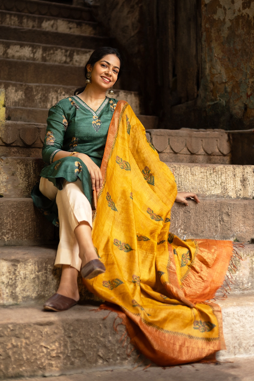 green-block-printed-tussar-silk-kurta-kr-ts-0099