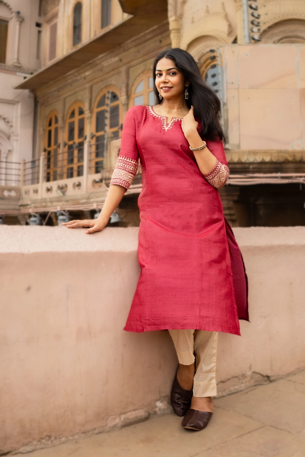 cherry-maroon-tussar-silk-kantha-kurta-kr-ts-0090