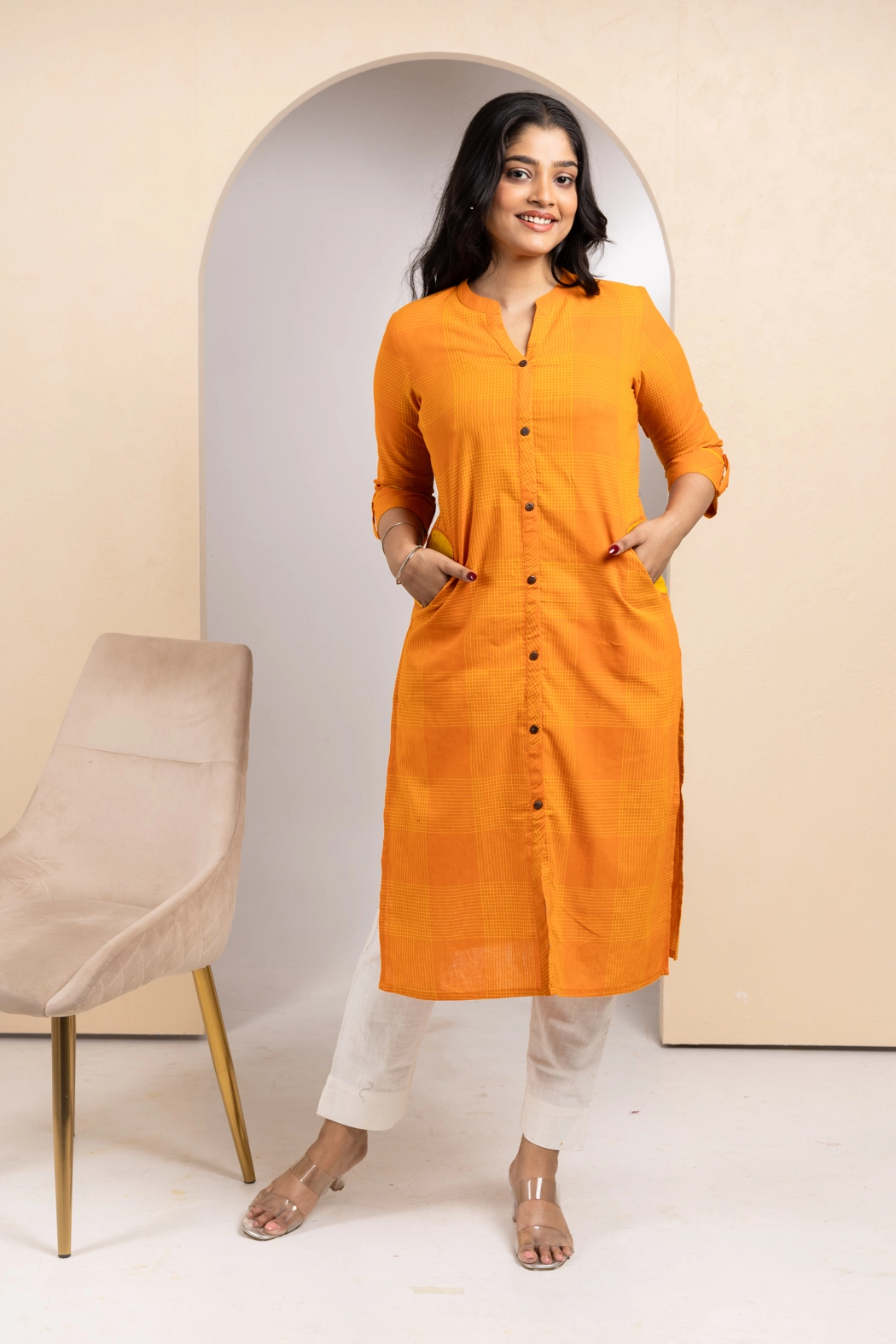 mustard-checks-cotton-kurta-kr-sl-pr-0092