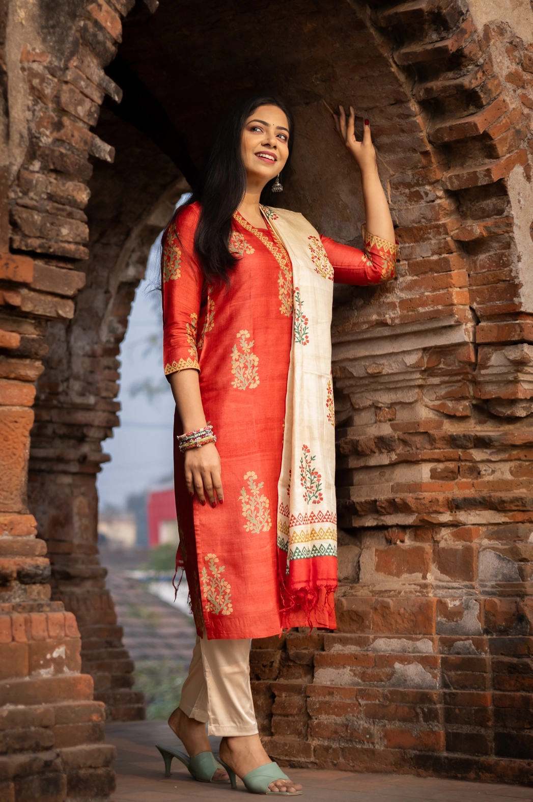 red-block-printed-tussar-silk-kurti-kr-ts-0120