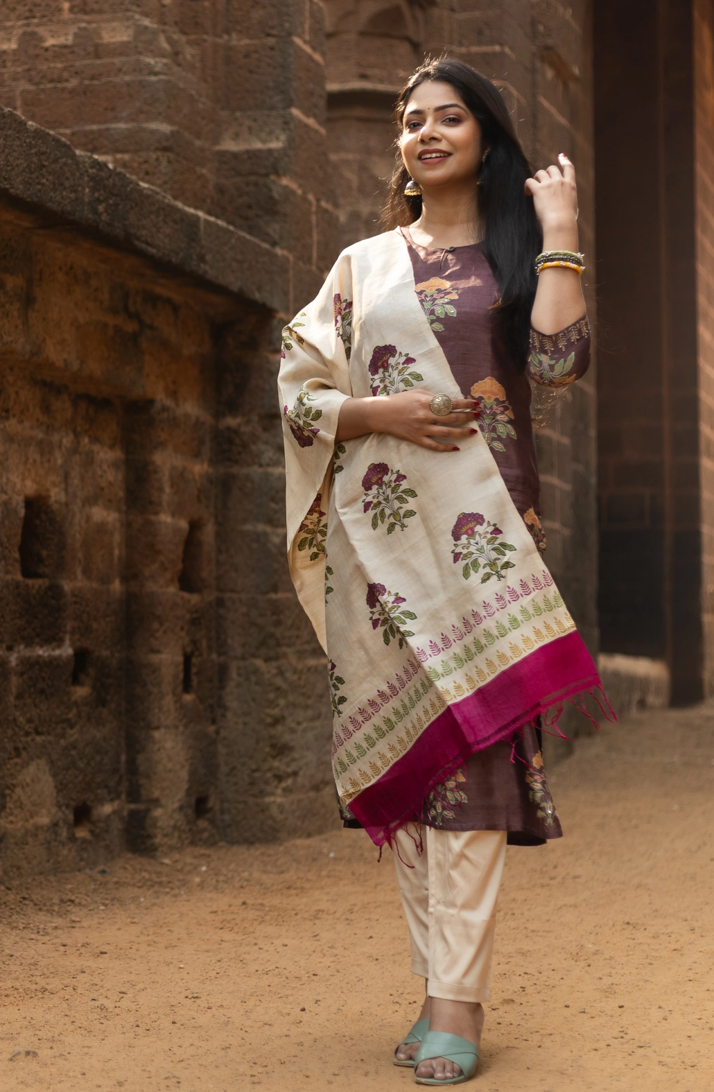 brown-block-printed-tussar-silk-kurti-kr-ts-0122