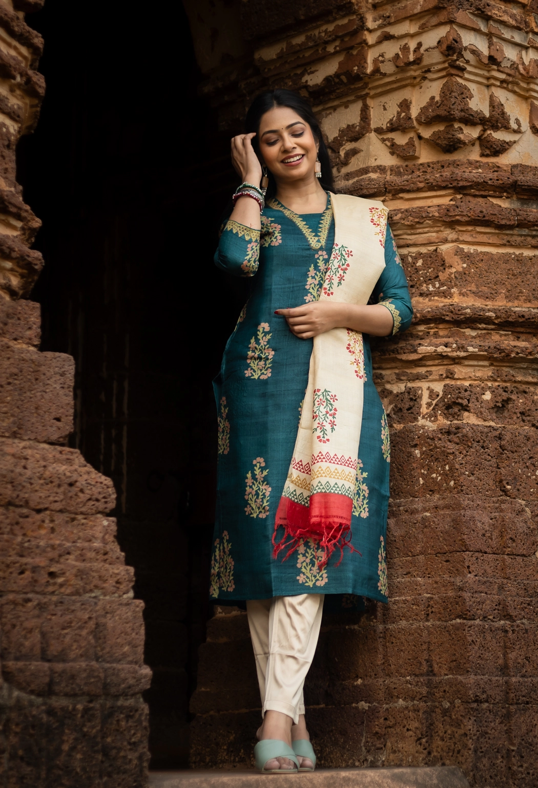 teal-block-printed-tussar-silk-kurti-kr-ts-0121